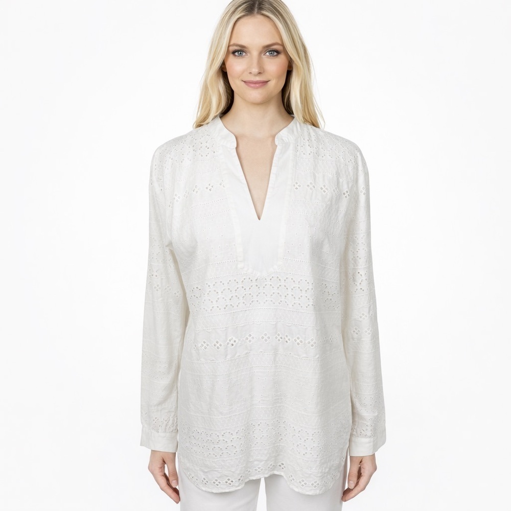 Soft Surroundings Rhiannon Eyelet Peasant Top White Tunic Cotton Cottage Size L